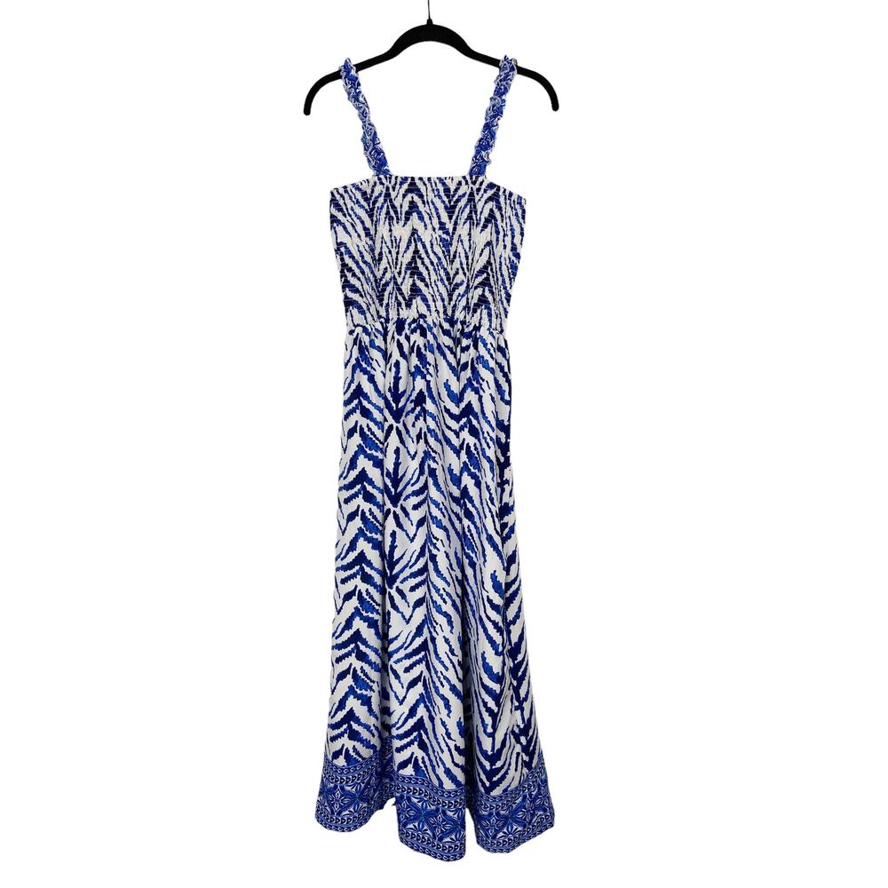 Blue and White Printed Maxi Dress with Smocked Bodice